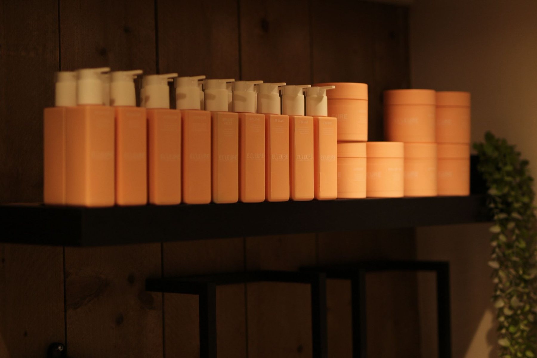 Een plank met terracotta flessen en potten in de salon